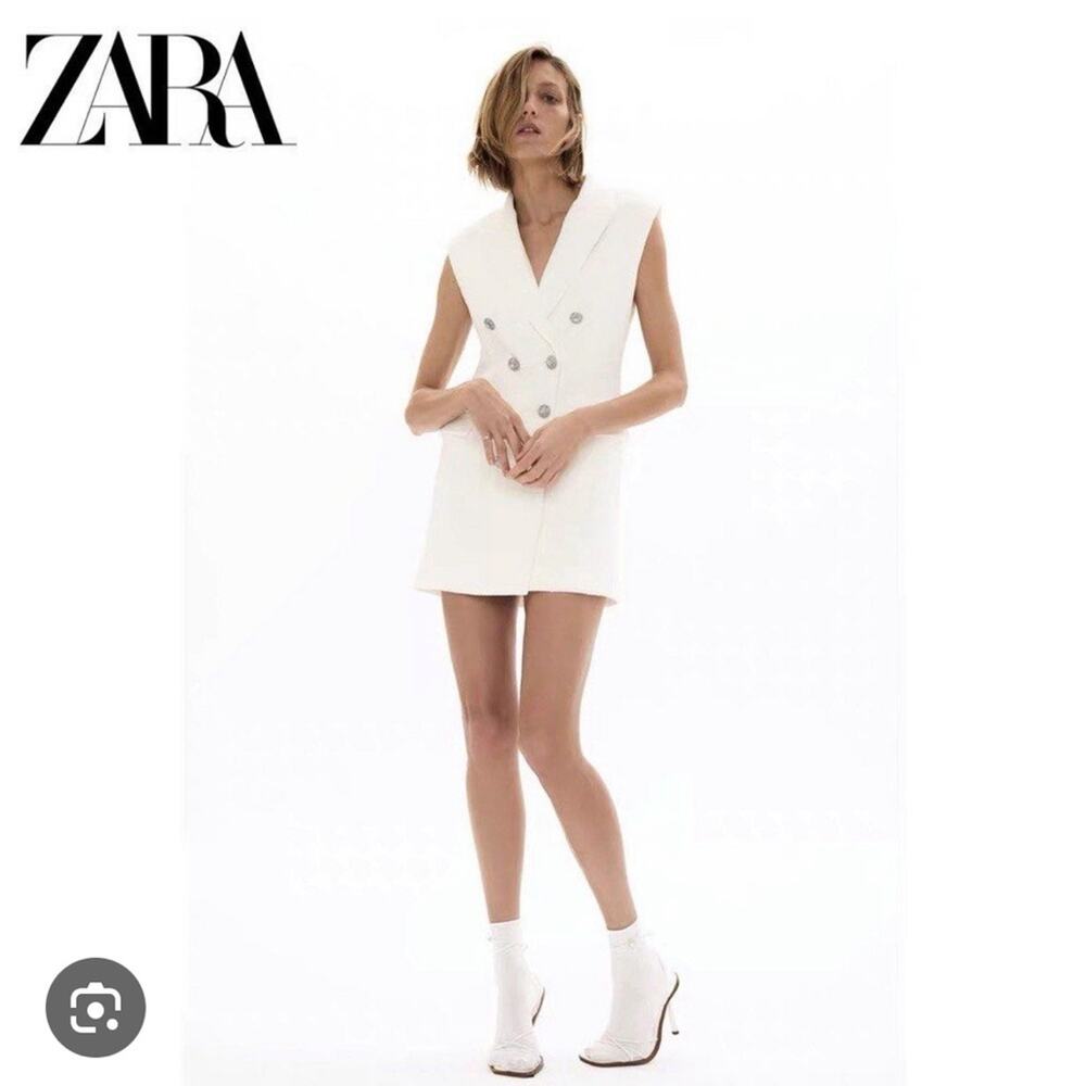 ZARA tweed texture Vest dress NWT waistcoat double breasted size XS white jewel